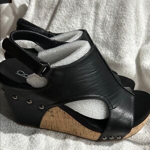 Corkys Black Leather Wedges